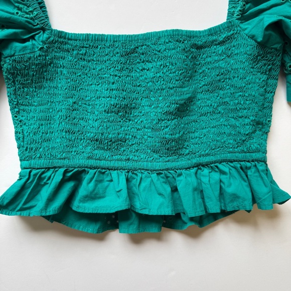 Zara Smocked Cropped Top Eyelet Ruffle Trim Green Puff Sleeve Boho Square Sz XS - Picture 12 of 14